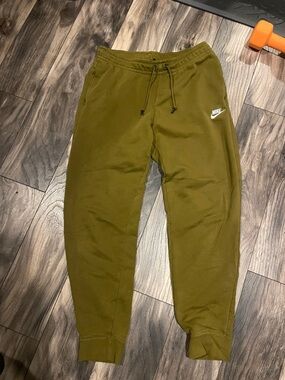 Nike Olive-Style Green Fleece Joggers with White Swoosh